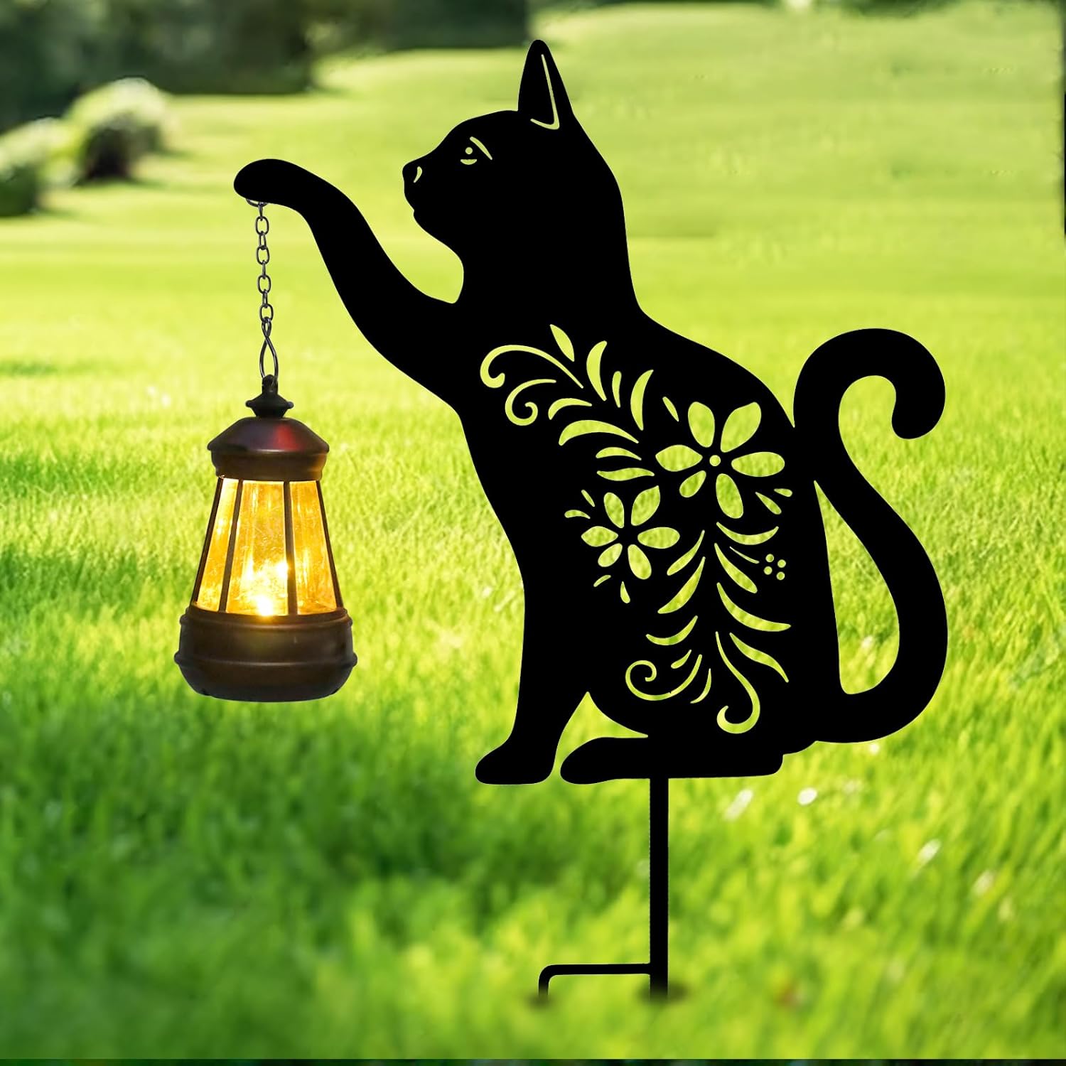 Afirst Solar Outdoor Garden Stake Solar Cat Decorative Stake Light with Lantern Decorative Lights Metal Outdoor Ornament for Yard Pathway Lawn Patio Decoration