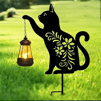 Solar Garden Stake, Cat Silhouette Light & Lantern for Outdoor Decor | Cat Silhouette Design with Hanging Lantern, Metal Stake Light for Outdoor Garden and Landscape Decoration