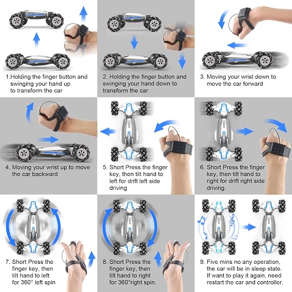 LOOZIX 1:10 Scale Gesture Sensing Rc Stunt Car, 4WD Remote Control Hand Controlled Transform , Double Sided Vehicle 360 Spins with Lights Music, All Terrains Monster Truck for Boys Kids