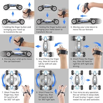 LOOZIX 1:10 Scale Gesture Sensing Rc Stunt Car, 4WD Remote Control Hand Controlled Transform , Double Sided Vehicle 360 Spins with Lights Music, All Terrains Monster Truck for Boys Kids