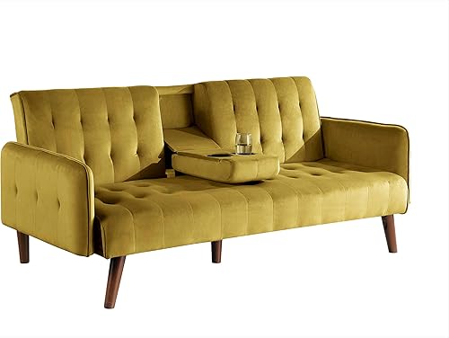 Miniatura 8 de Cricklade - Sofá cama futón tapizado de terciopelo moderno de mediados de siglo para sala de estar con consola central y portavasos, color negro