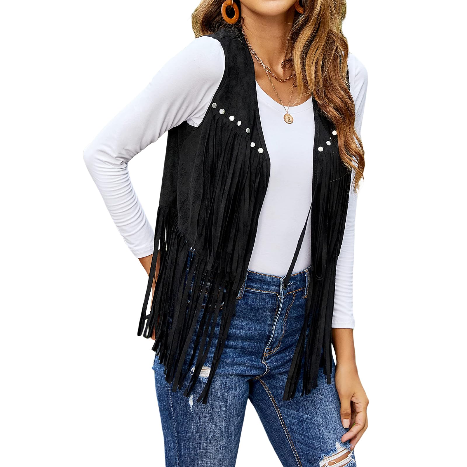 YILEEGOO Gilet da donna, senza maniche, aperto sul davanti, rivettato, con nappe, per casual street, cammello, S