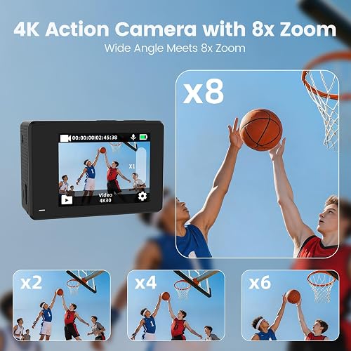 TIMNUT Action Cam 4K 60FPS Touchscreen, Fotocamera Subacquea 40M WiFi 48MP EIS Stabilizzata, Telecamera Sportiva con Zoom 8X, Telecomando 2.4G, 2 Batterie per Moto Ciclismo - 3