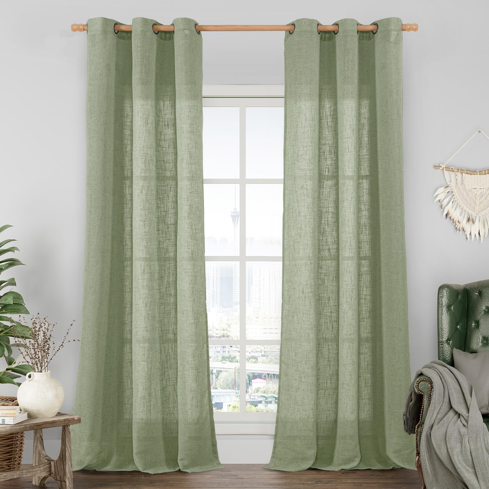 LAMIT Sheer Linen Curtains 84 Inches Long for Bedroom, Faux Linen Textured Light Filtering Drapes Bronze Grommet Window Treatments Semi Sheer Panels for Living Room, 2 Panels, 38 x 84 Inch, Sage Green — image 1
