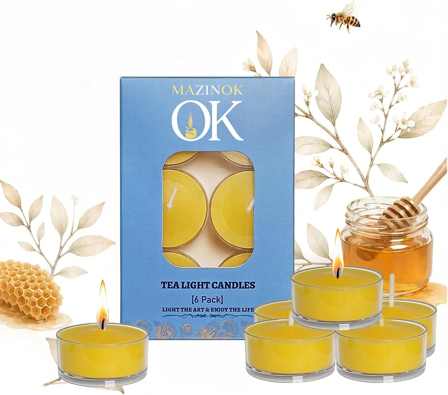 Honey Scented Yellow Tealight Candles, 6 Count 3-4 Hour Smokeless Burn