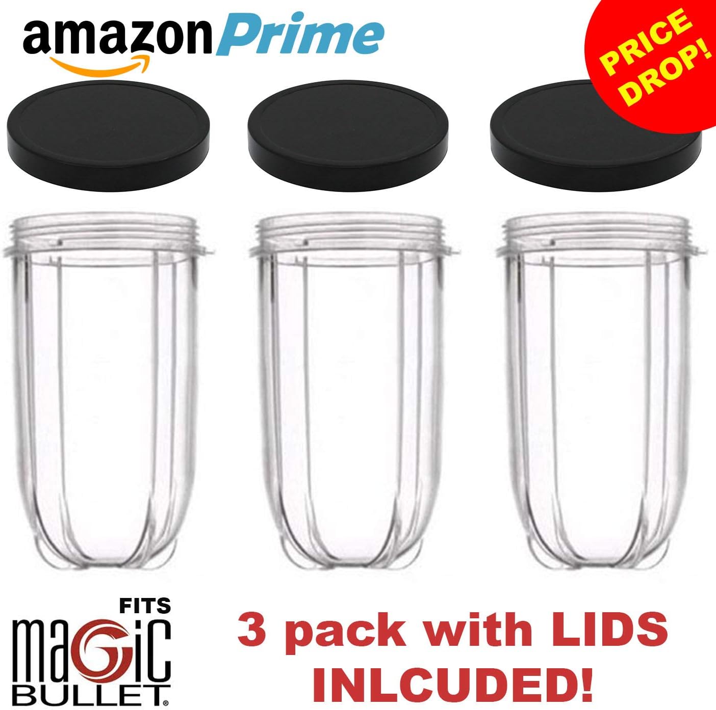 16oz Cups 6 Piece Set - 3 Replacement Cups WITH LIDS for Magic Bullet Blender LIDS INCLUDED