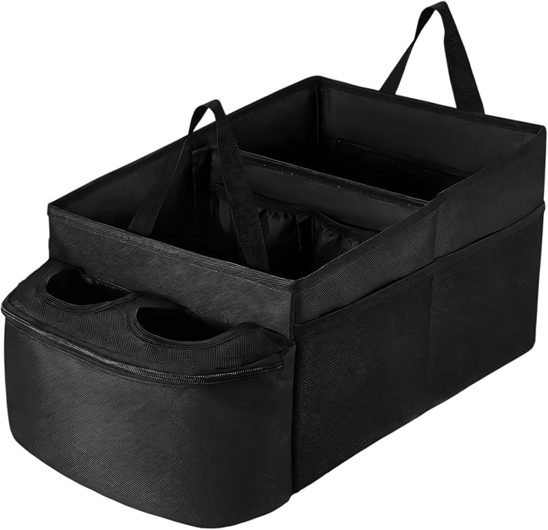 Car Passenger Seat Organizer, Collapsible Auto Storage Box with Partitions, 2 Cup Holders & 4 Mesh Pockets, Oxford Fabric Large Capacity Organizer for Car Front & Back Seats