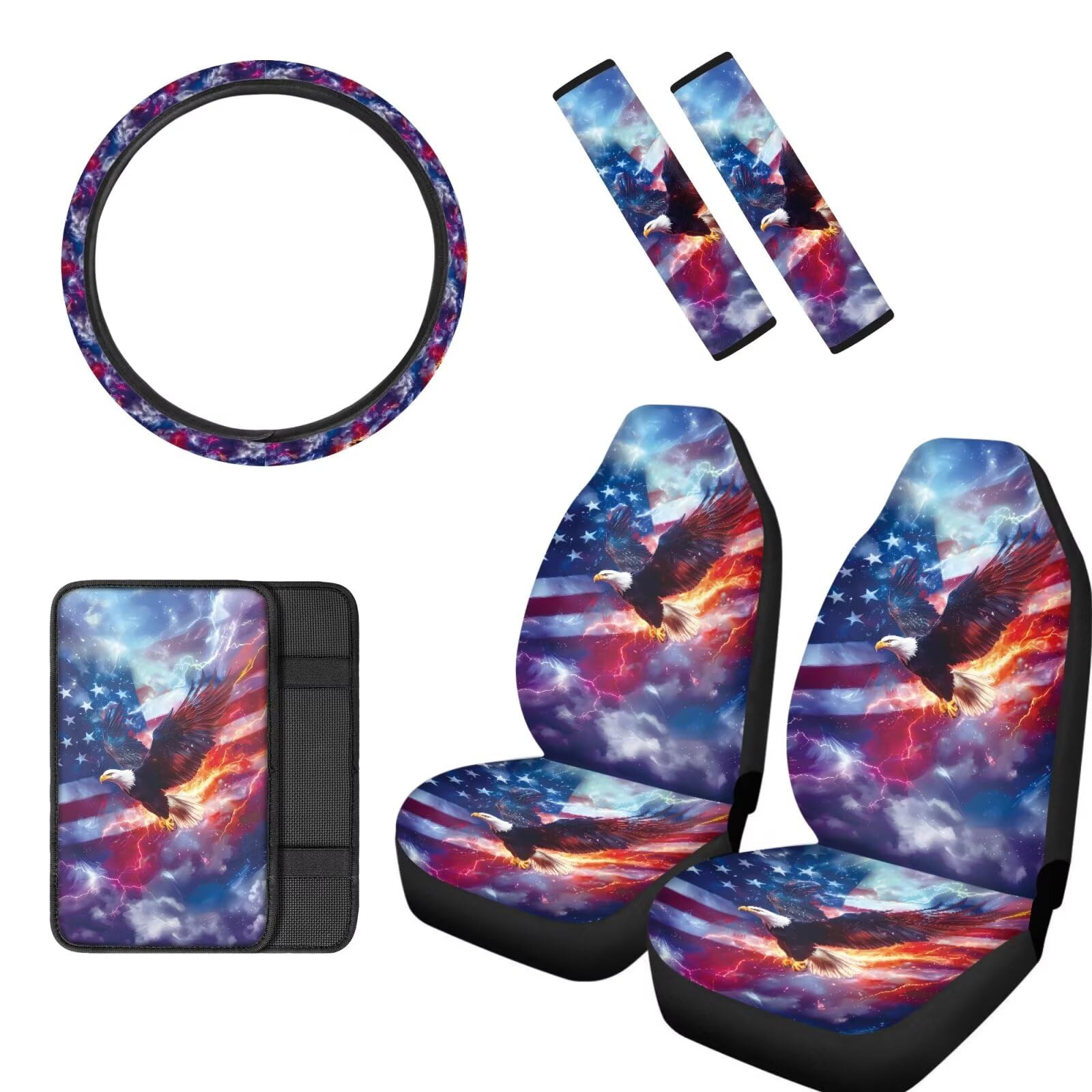 AFPANQZ 3D Eagle Flag Print Car Seats Cushion Universal Fit, Neoprene Steering Wheel Cover Sweat Absorption Anti-Slip, Safety Seat Belt Cover Shoulder Protection, Armrest Box Cover