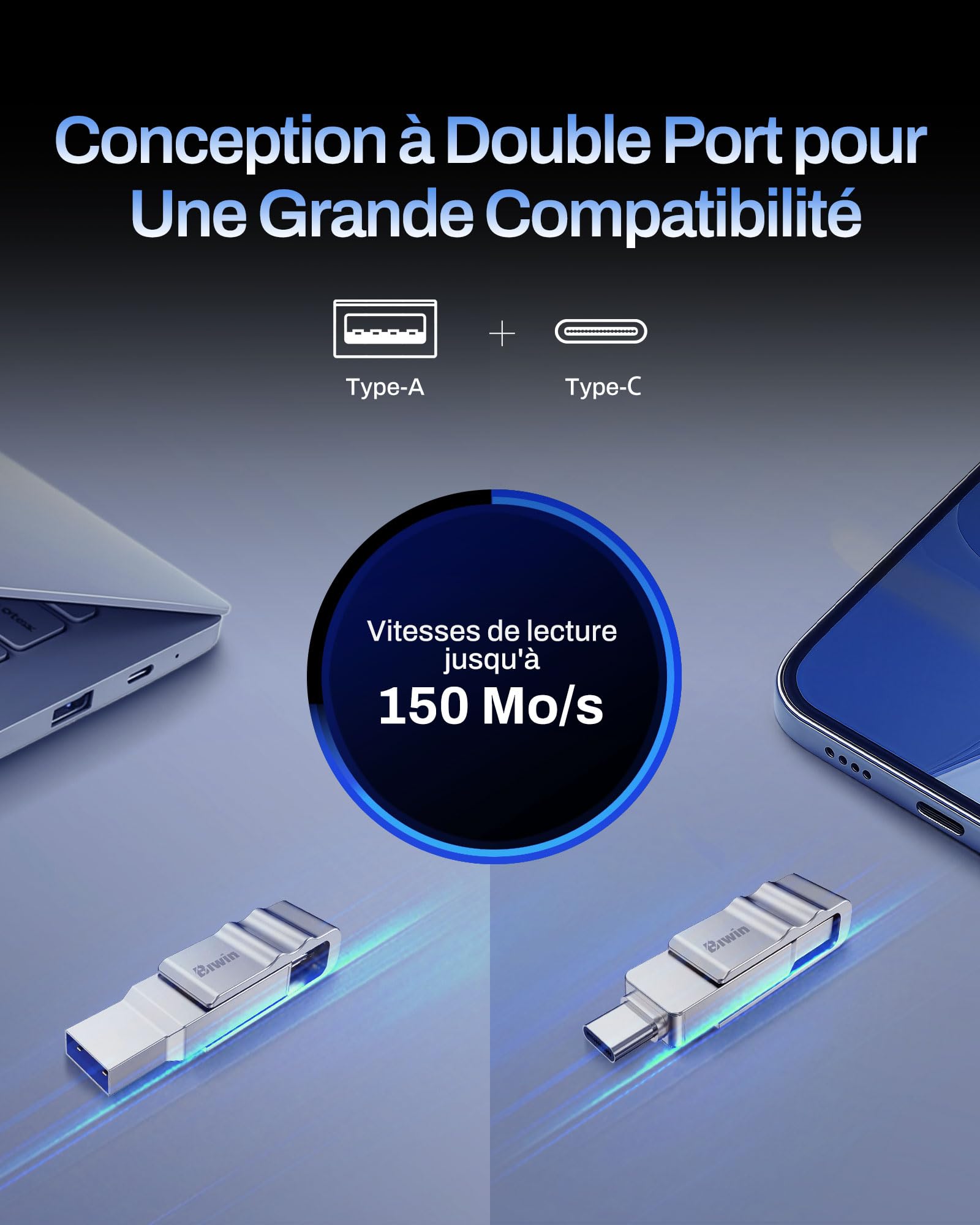 Biwin UD150 Clé USB 3.0 64 Go, Vitesses de Transfert 150 Mo/s, USB Type-C Type-A