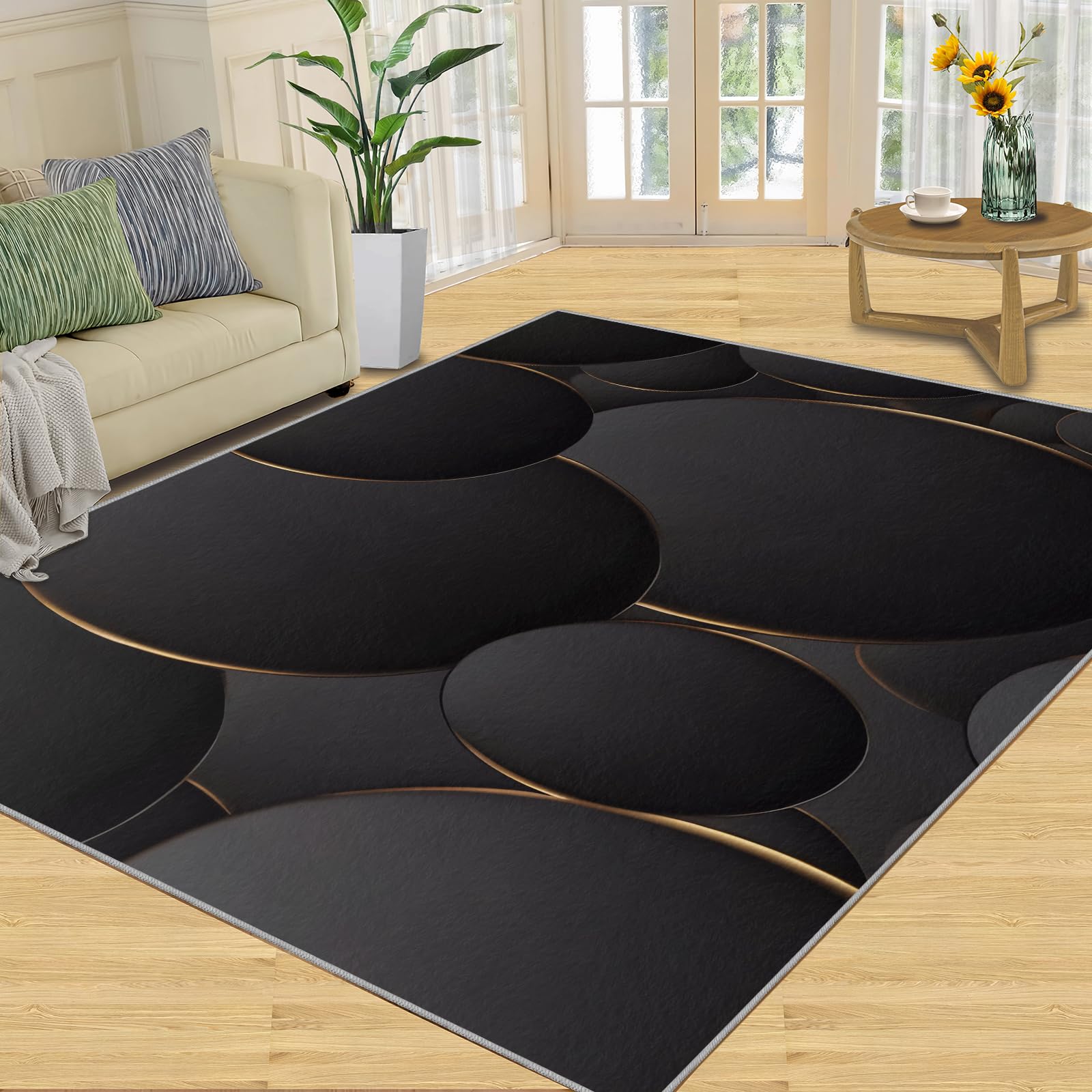 Tapis de sol 70 x 140 cm, motif géométrique noir nordique, lignes circulaires simples en relief doré pour salon, chambre à coucher, balcon, planchers en bois dur