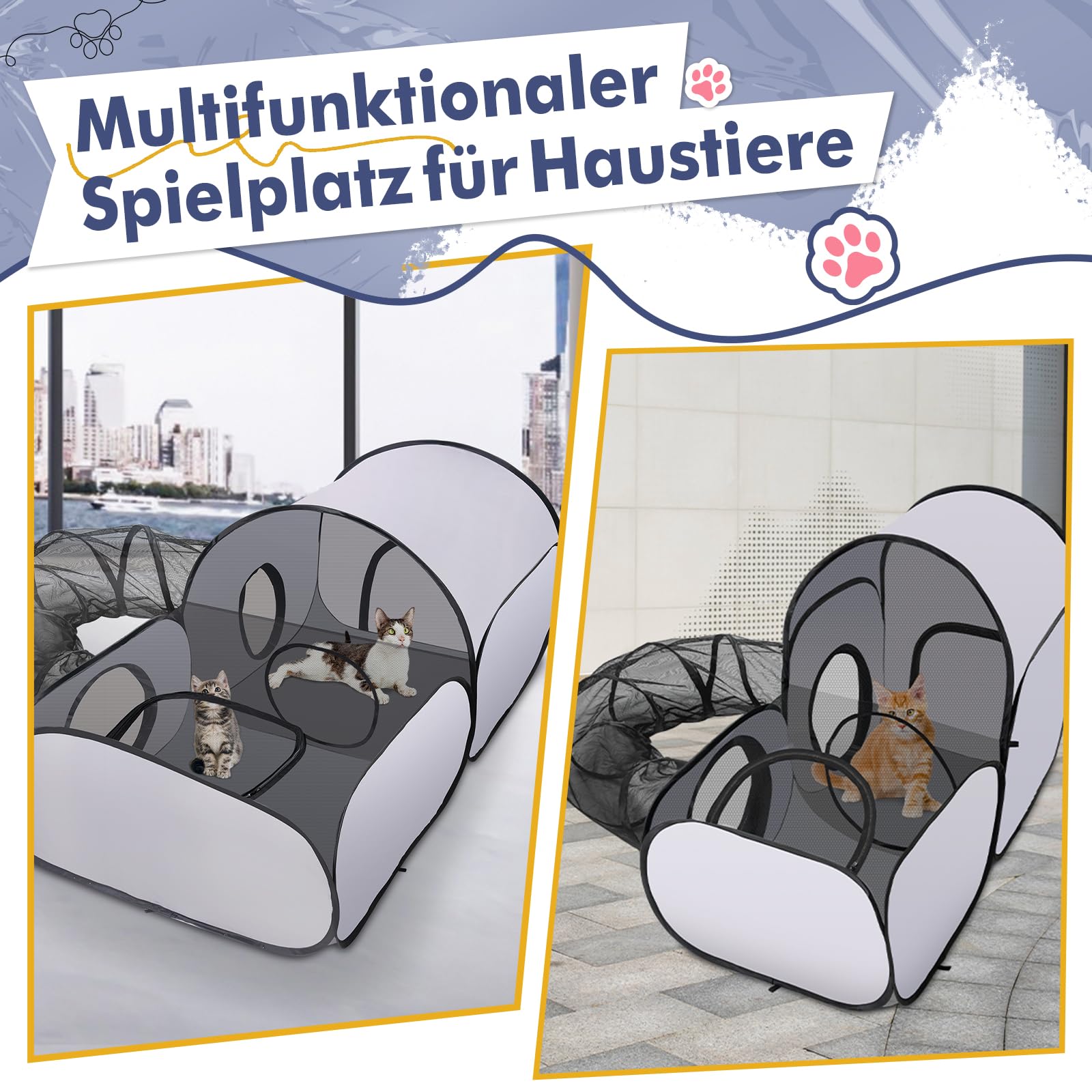 Faltbarer Katzenlaufstall Mit Tunnel - Transportables Gehege Für Indoor & Outdoor