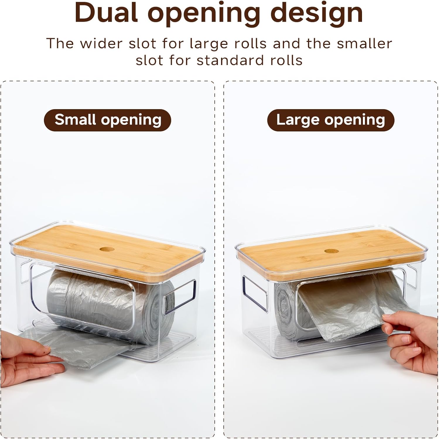 3-Pack Trash Bag Holder,Trash Bag Dispenser with Bamboo Lid, Stackable Acrylic Garbage Bag Dispenser for Under Sink Use in Kitchen, Laundry Room, and Pantry, Large Capacity Garbage Bag Holder