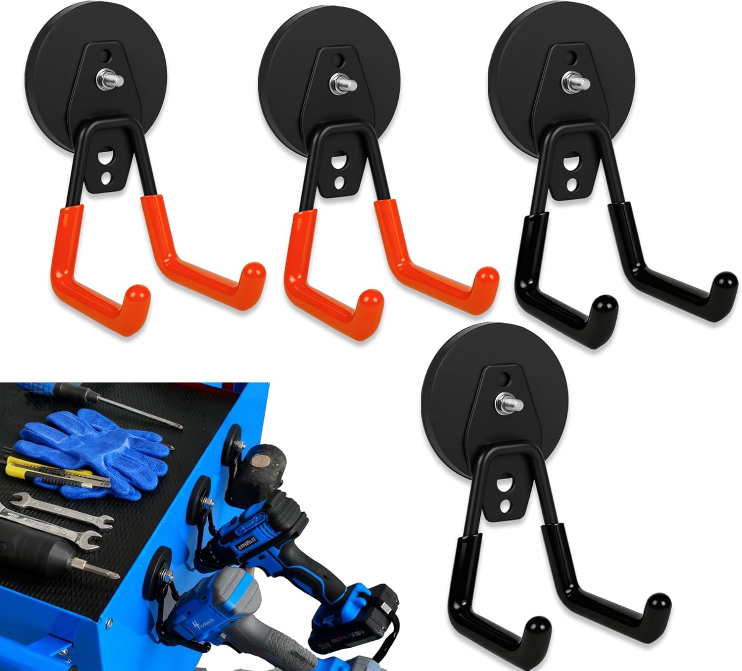 4 Pack Strong Magnet Hooks Heavy Duty, Rubber Coated No Damage Hook for Garage Storage, Dual Hook Design, Large Magnetic Hangers for Tools, Garden, Workshop (Orange2pcs + Black2pcs)