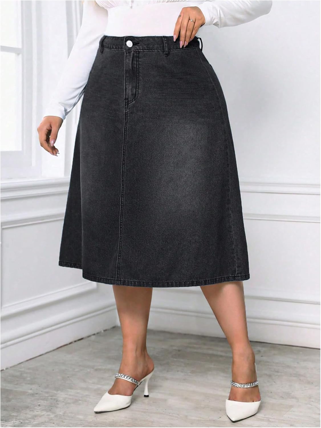 Milumia Women's Plus Size Jean Midi Skirt High Waisted A Line Denim Skirts Casual - Image 4