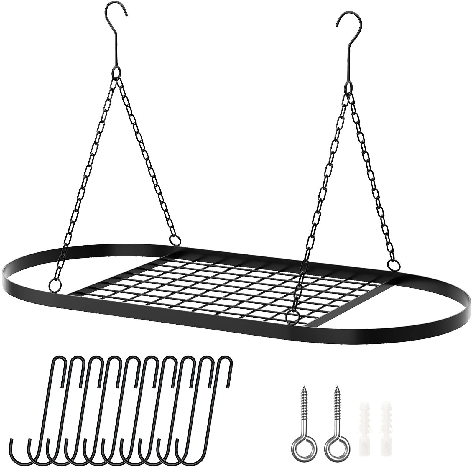 X Home 32-Inch Hanging Pot Racks for Kitchen Ceiling with 10 Removable Hooks, for Kitchen Storage & Organization, Ceiling Mounted, Black