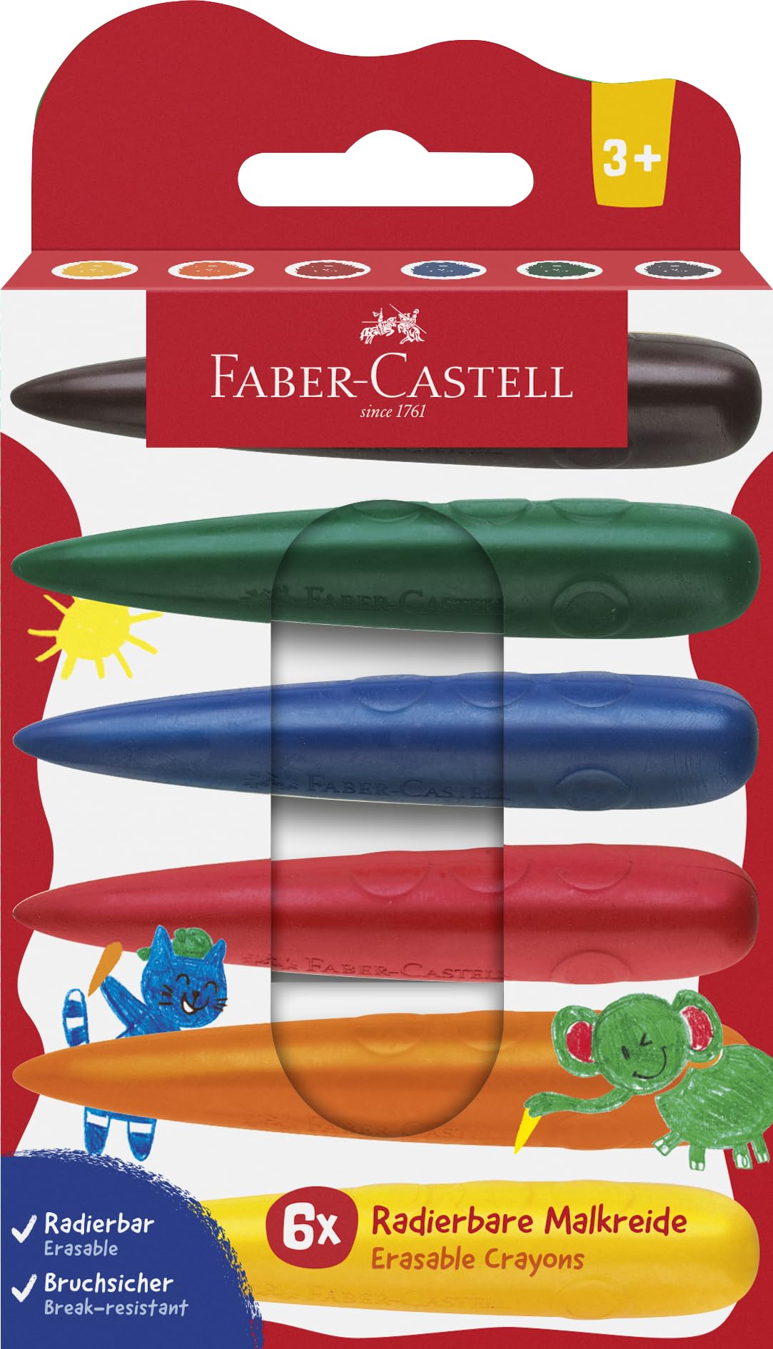 Faber-Castell 120409 Wax Crayons from 3 Years, Finger Crayons, 6 Colourful Chalks