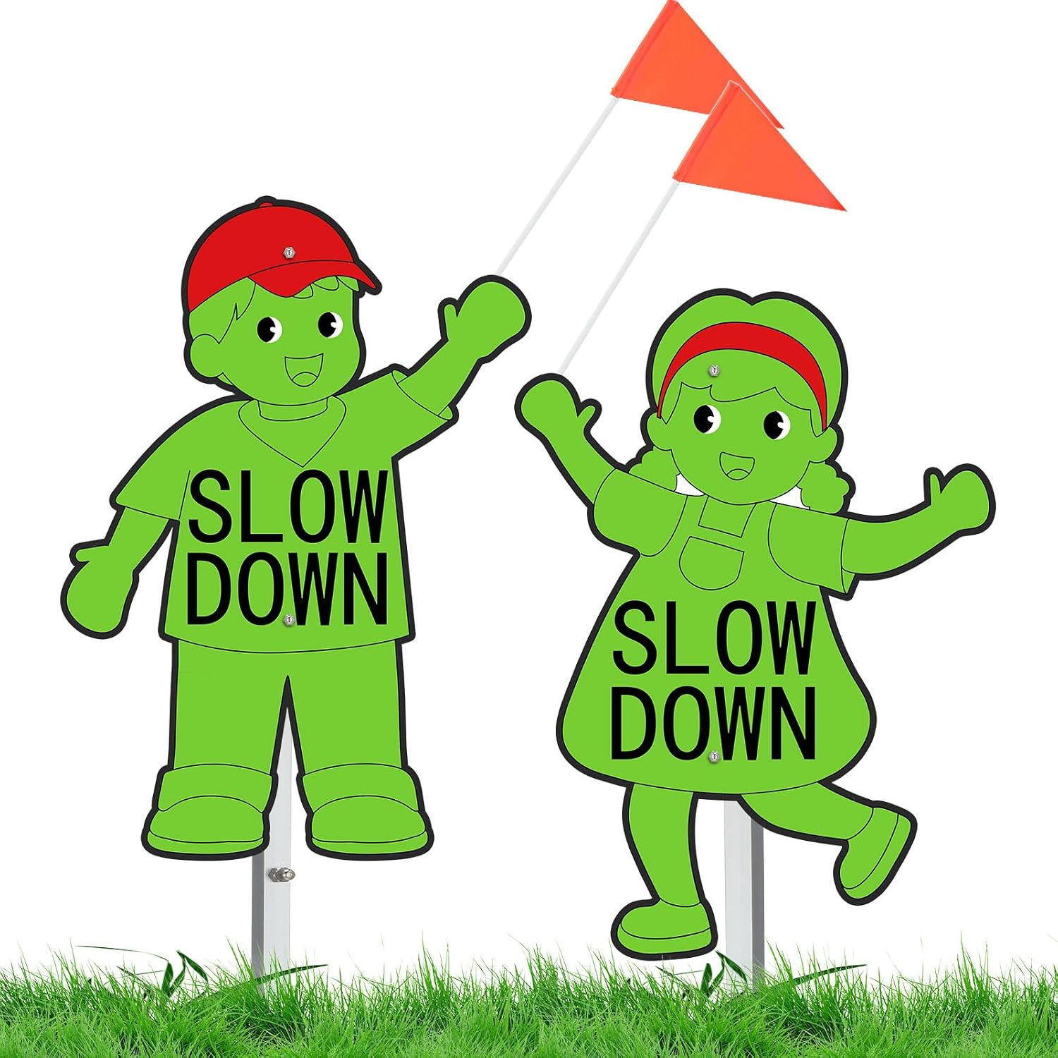 Copkim 2 Set Metal Slow Down Kids at Play Sign with Stake Safety Flag Double Sided Weatherproof Children at Play Safety Street Sign 38" Tall for Neighborhoods Community Outdoor Yard (Green,Girl+boy)
