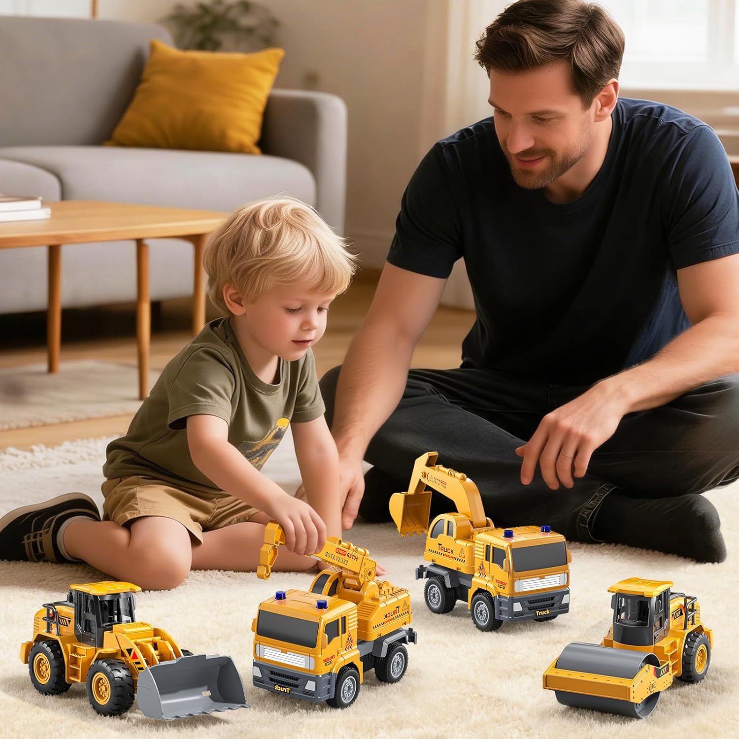 KukuFun 4-Pack Truck Toys for Boys 3-5 Year Old，Construction Sandbox Toy Set with Excavator，Indoor/Outdoor Sand Toys for Kids Toddlers Girls Age 3-8，Birthday Gifts