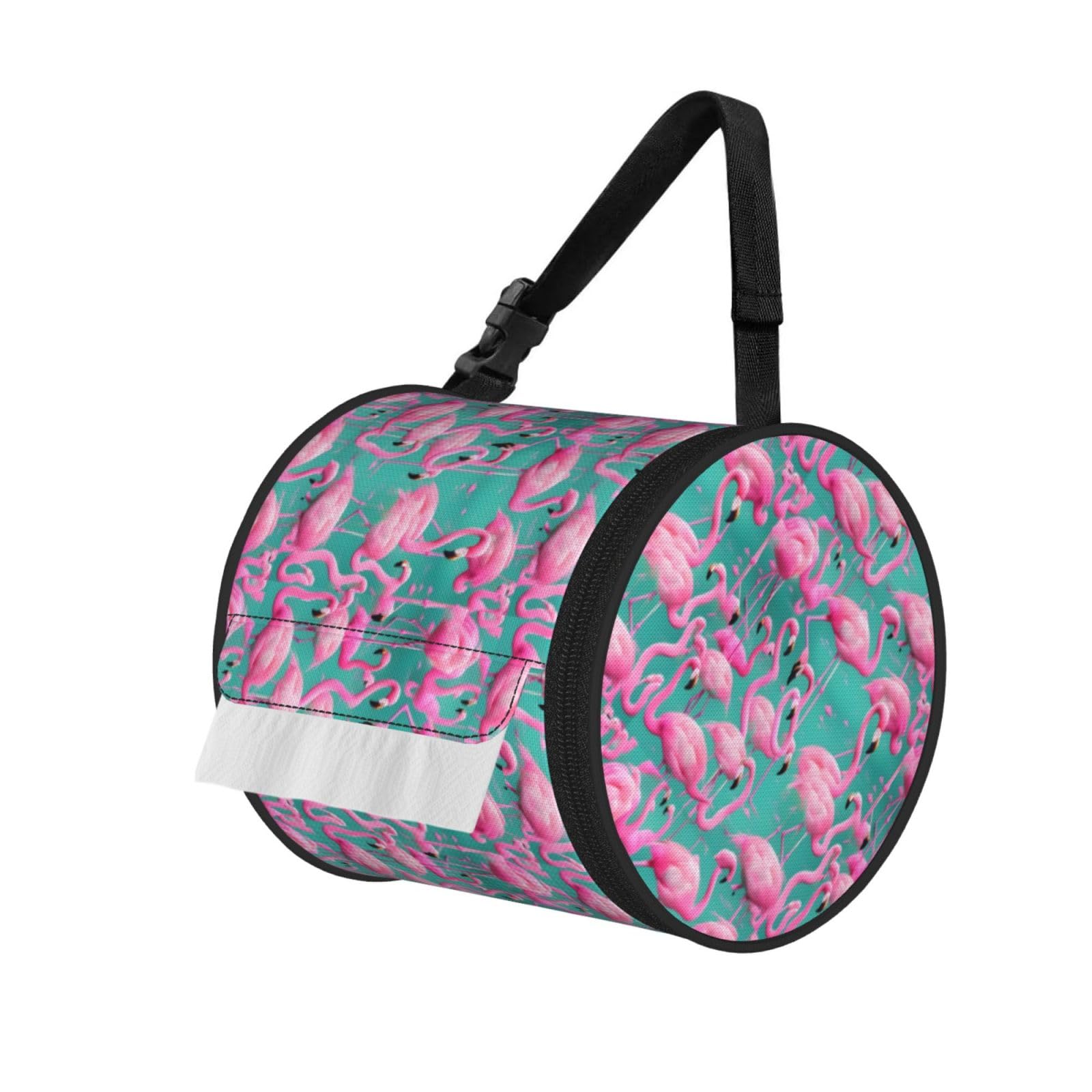 Jiuty Black Lovely Pink Flamingos Print Cylinder Tissue Organizer Bag With Strap, Portable Toilet Roll Holder For Camping Car