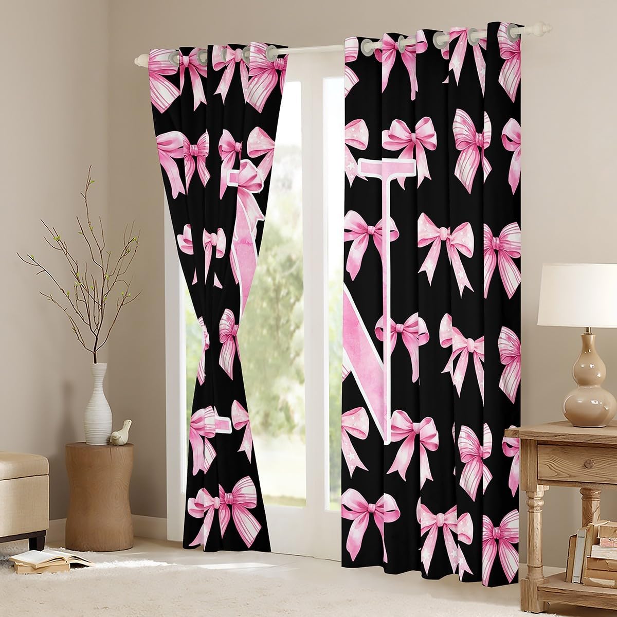 Erosebridal Teen Girl Coquette Bow Curtains 2 Panels Fantasy Pink and Black Initial Bow Window Curtain Monogram N Blackout Curtains Girly Fantasy Bowknot Room Decor,38" Wx54 L(N)