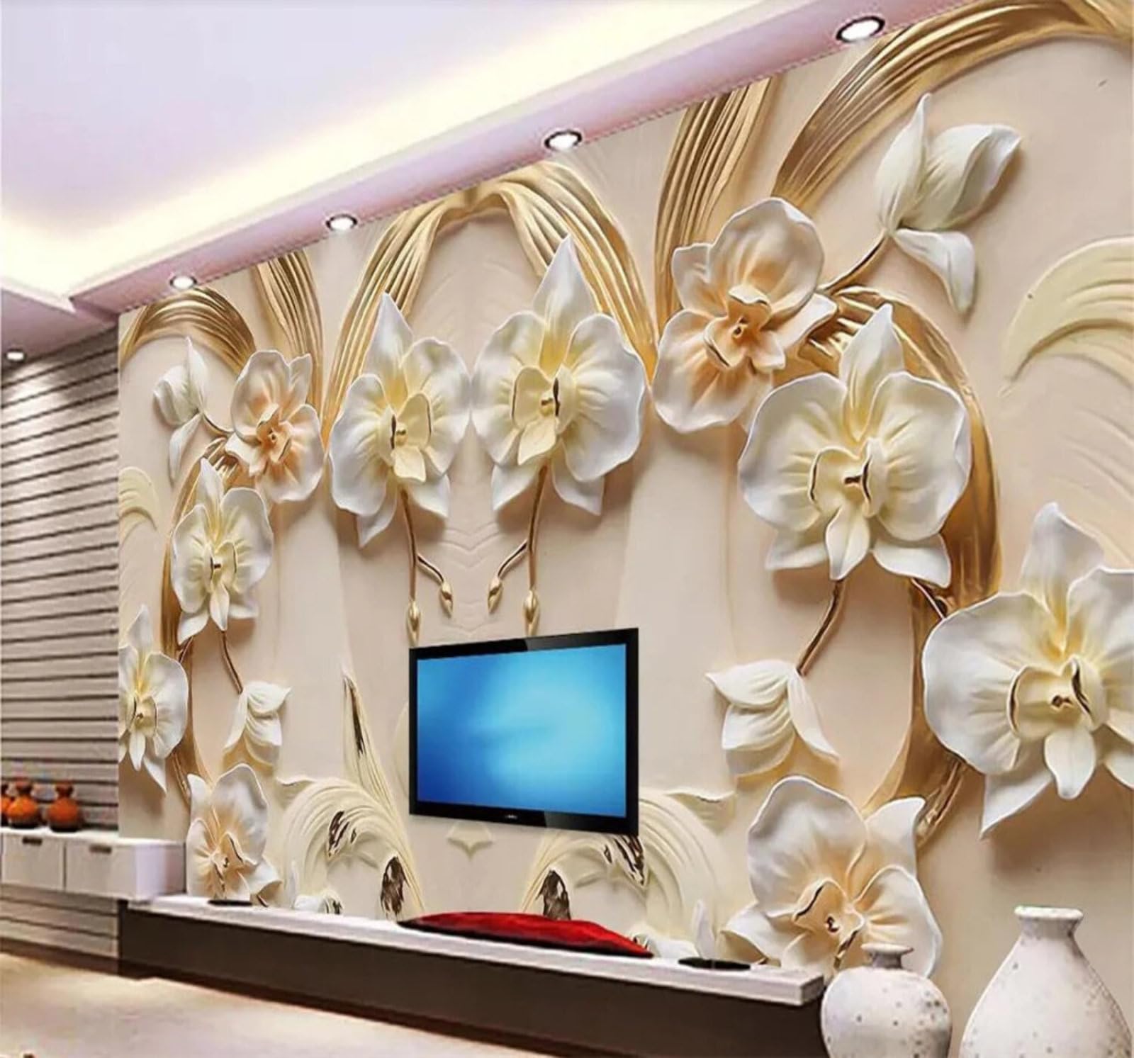 Wallpaper-3D-Xlm 400Cm×280Cm(B×H) Minimalist Relief Flowers Art Personality 3D Wallpaper Easy Install Feature Office Living Room Sofa Bedroom Tv Background Wall Decoration-400Cm×280Cm