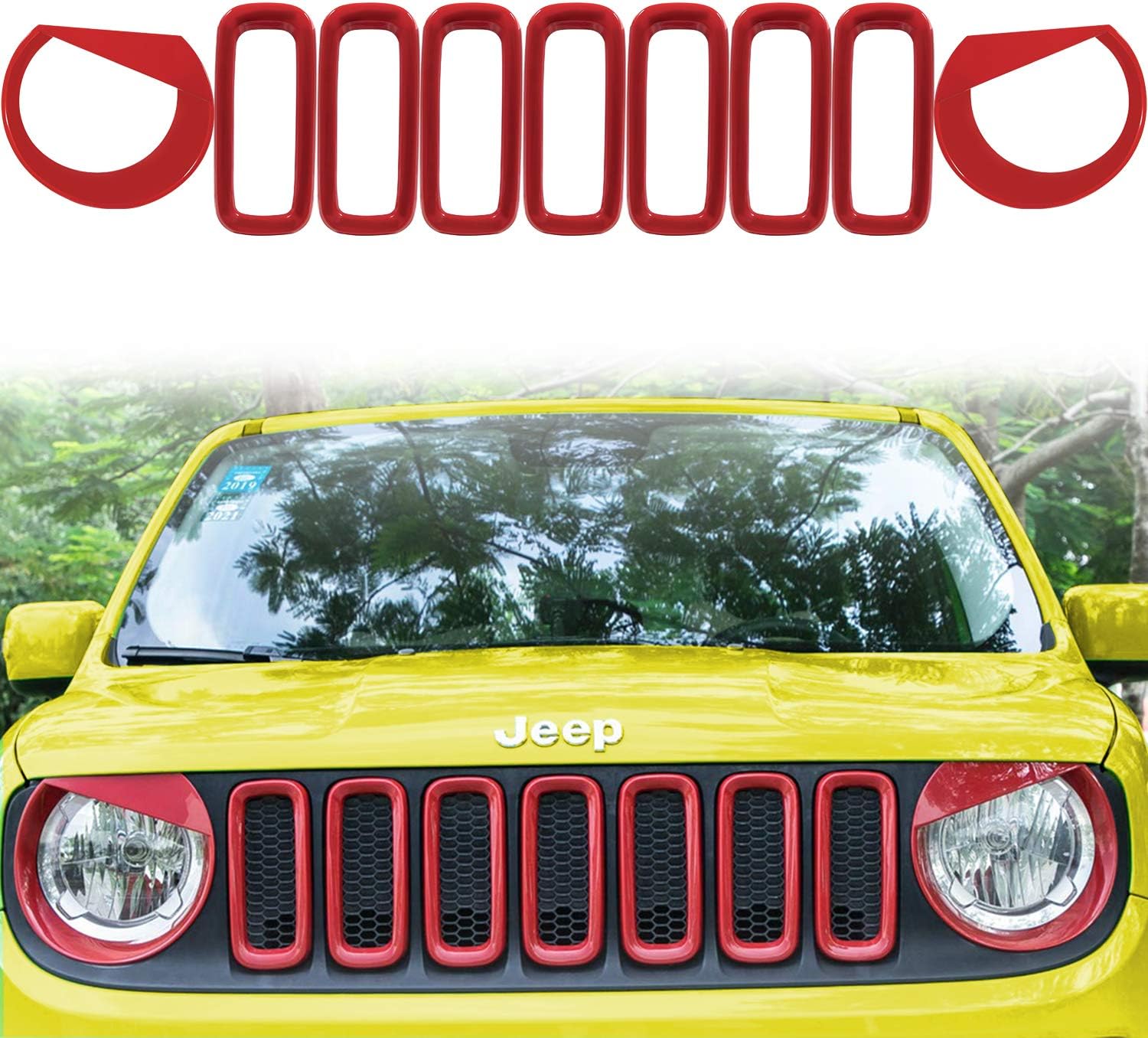 Yoursme Front Grille Inserts & Front Light Headlight Cover Angry Bird Style Bezels Trim Cover for Jeep Renegade 2015-2018 Clip in Version ABS Red