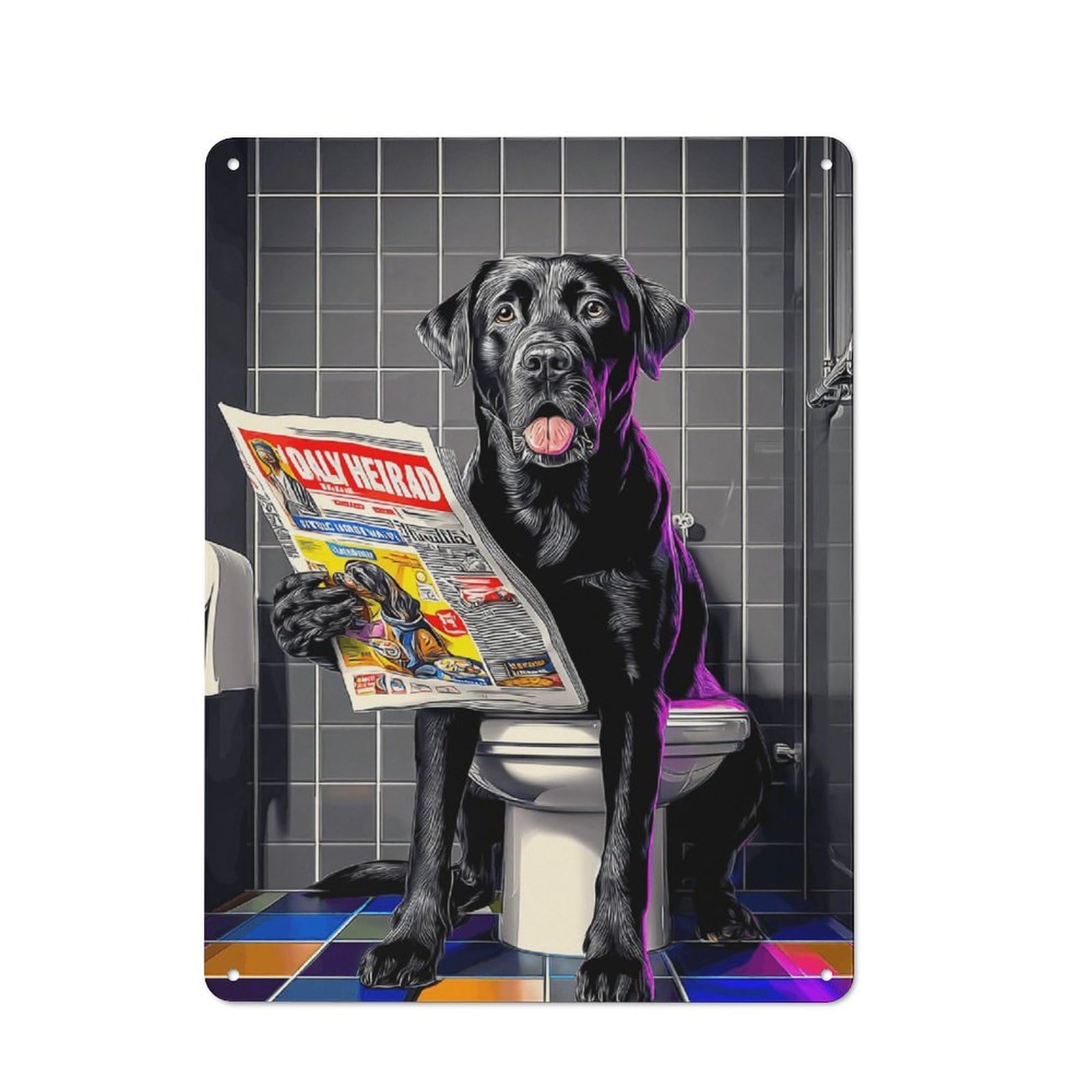 Junmoney Dog Reading Newspaper On Toilet -9 Vintage Vintage Metal Sign 40X30cm Featuring Room Wall Plaque For Flat, Dorm Room, Lounge Or Cafe