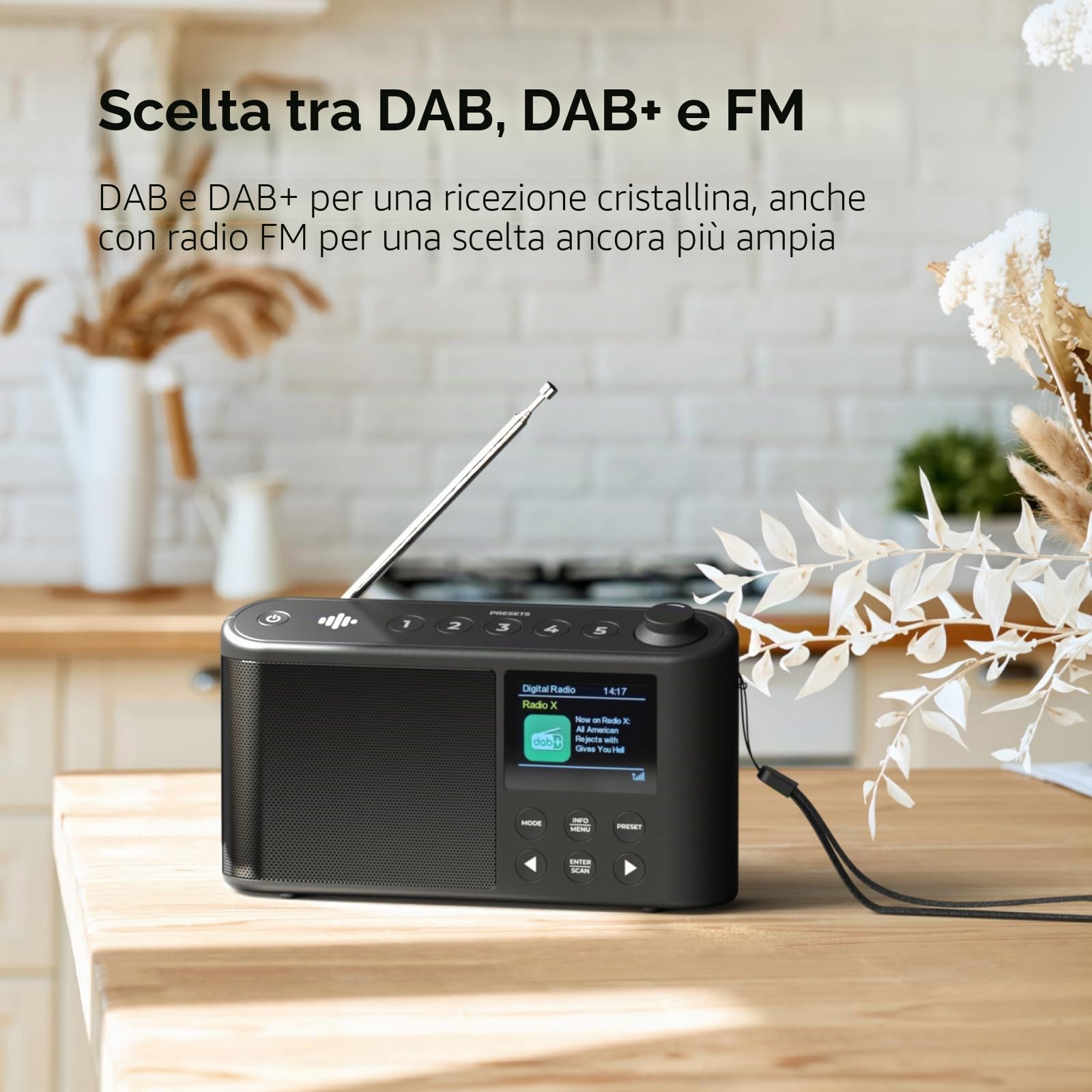 Radio DAB portatile, radio DAB Plus/DAB, radio FM, piccola radio, grande display LCD, radio portatili con rete elettrica e batteria, ricarica USB per 10 ore di riproduzione, (spettro di iBox)