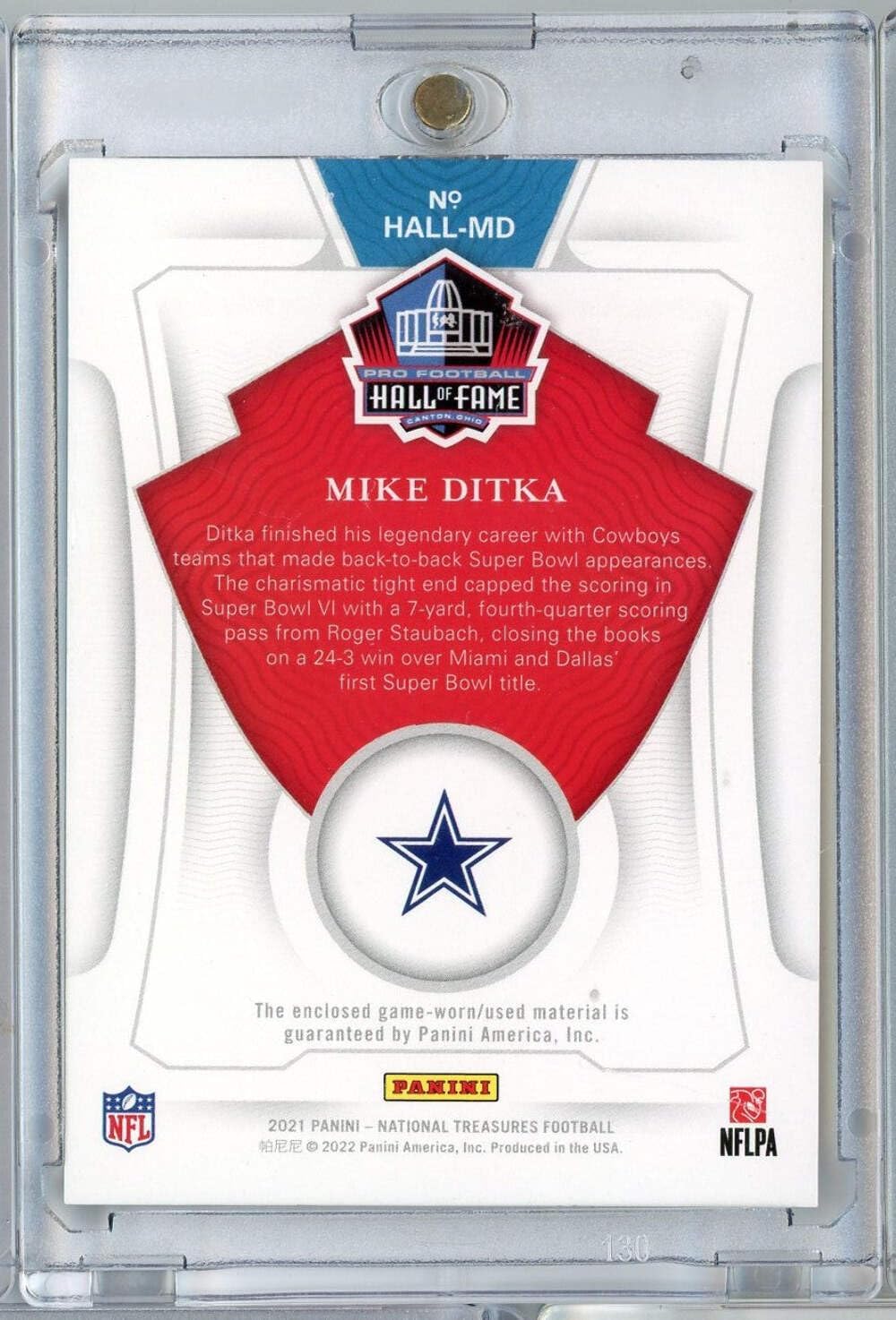 2021 Panini National Treasures Mike Ditka #HALLMD Treasures of the Hall Game Worn Relic Football Card