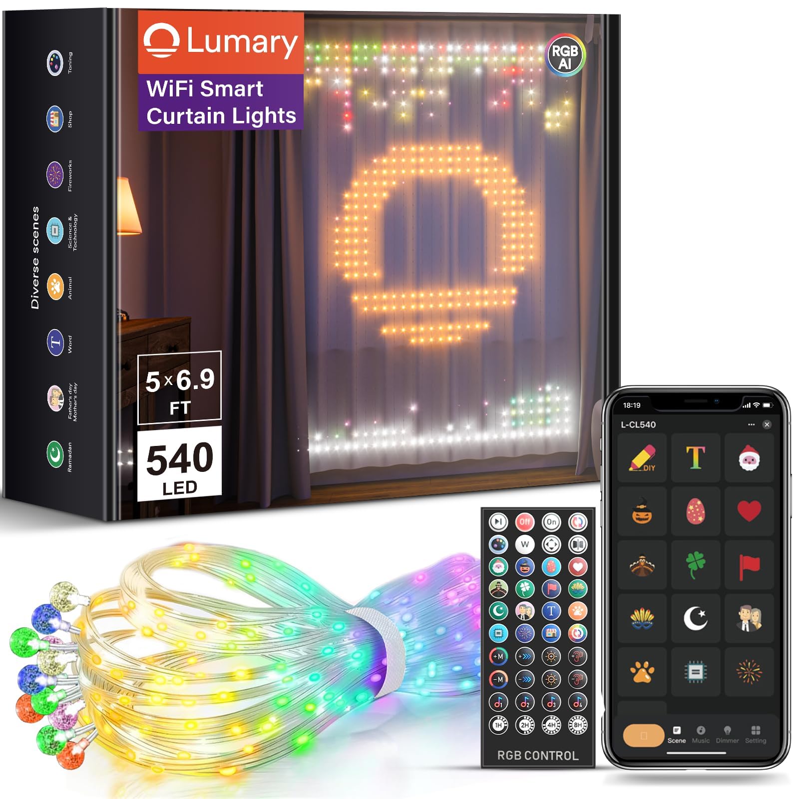 Lumary WiFi Smart Curtain Lights 6.9 x 5FT, 540 RGB LED Curtain Lights with APP & Remote Control, DIY Color Changing, Pattern GIF Display for Outdoor