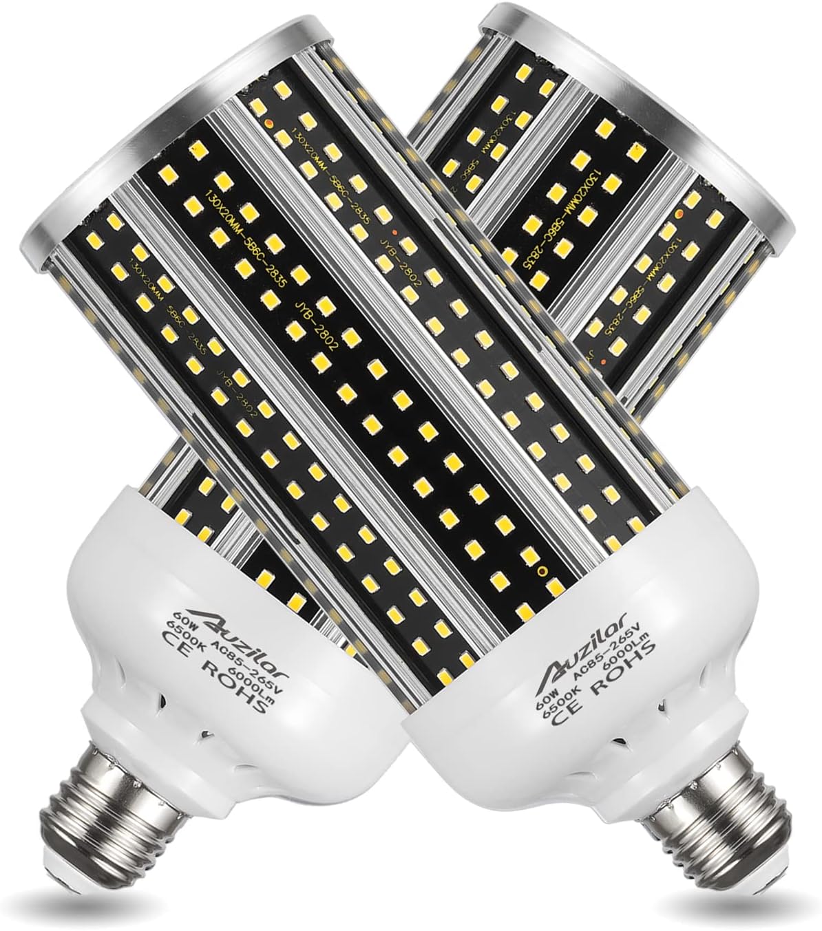 2-Pack（500W Equivalent） LED Corn Light Bulb 60W 6000 Lumen 6500K Large Area Cool Daylight White E26/E27 Medium Base for Indoor Garage Warehouse Factory Workshop Street Backyard AC 85V-265V