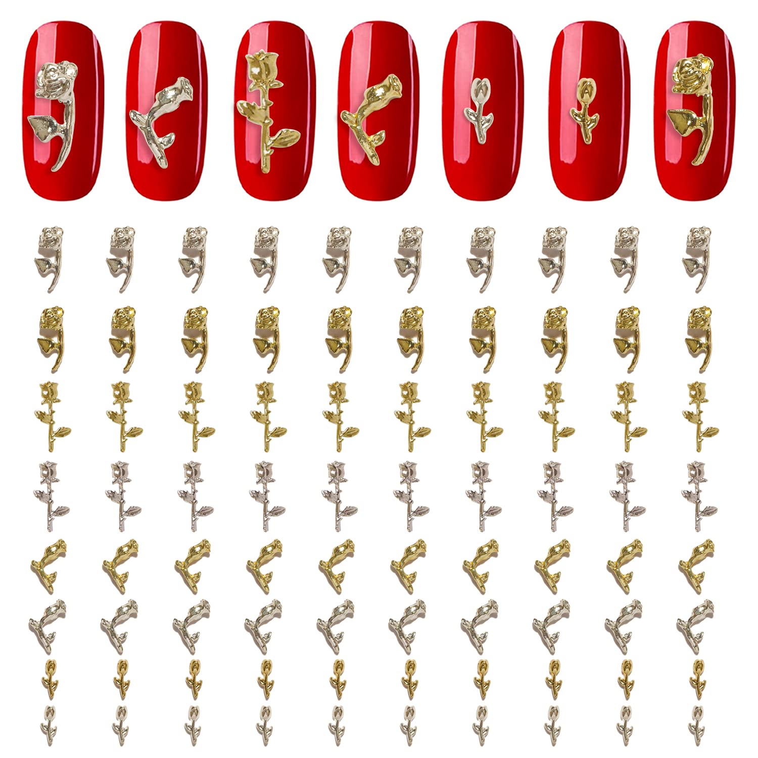 JERCLITY80 Pieces 3D Gold and Silver Alloy Rose Nail Charms Flower Nails Charms for Nail Art Decoration Rose Flowers Nail Studs Jewels for Girls Women Nail Decorations