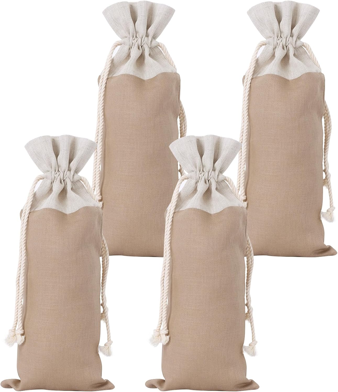HSOFTIFY 4 Pcs 100% Linen Wine Bags with Drawstring 14” x 6.3” Wine Bottle Gift Wrapping for Party, Wedding, Christmas (Dark Khaki and Linen)