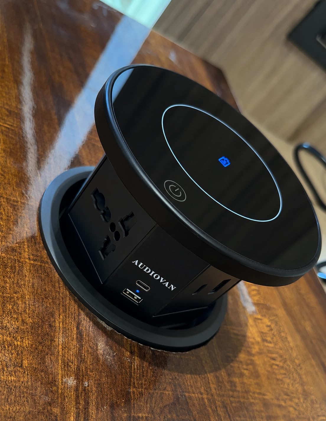 Audiovan Smart Sensor Touch Motorized vertical Pop Up box Power Outlet, 3 AC Outlets with 15W Wireless Charging, USB-A and 18W USB-C Ports, Motorised Design, Black VMP30