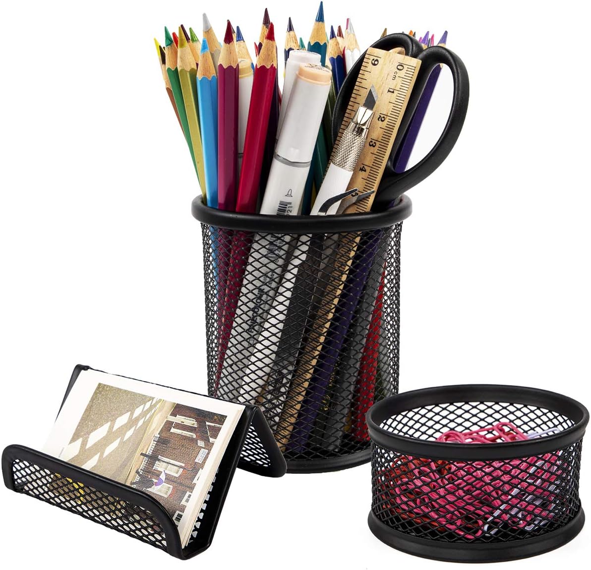 JPSOR 3 Packs Mesh Pencil Holder, Metal Business Card Holder and Paper Clip Holder, Black Business Card, Paper Clip, Pen Organizer for Desk Office and School