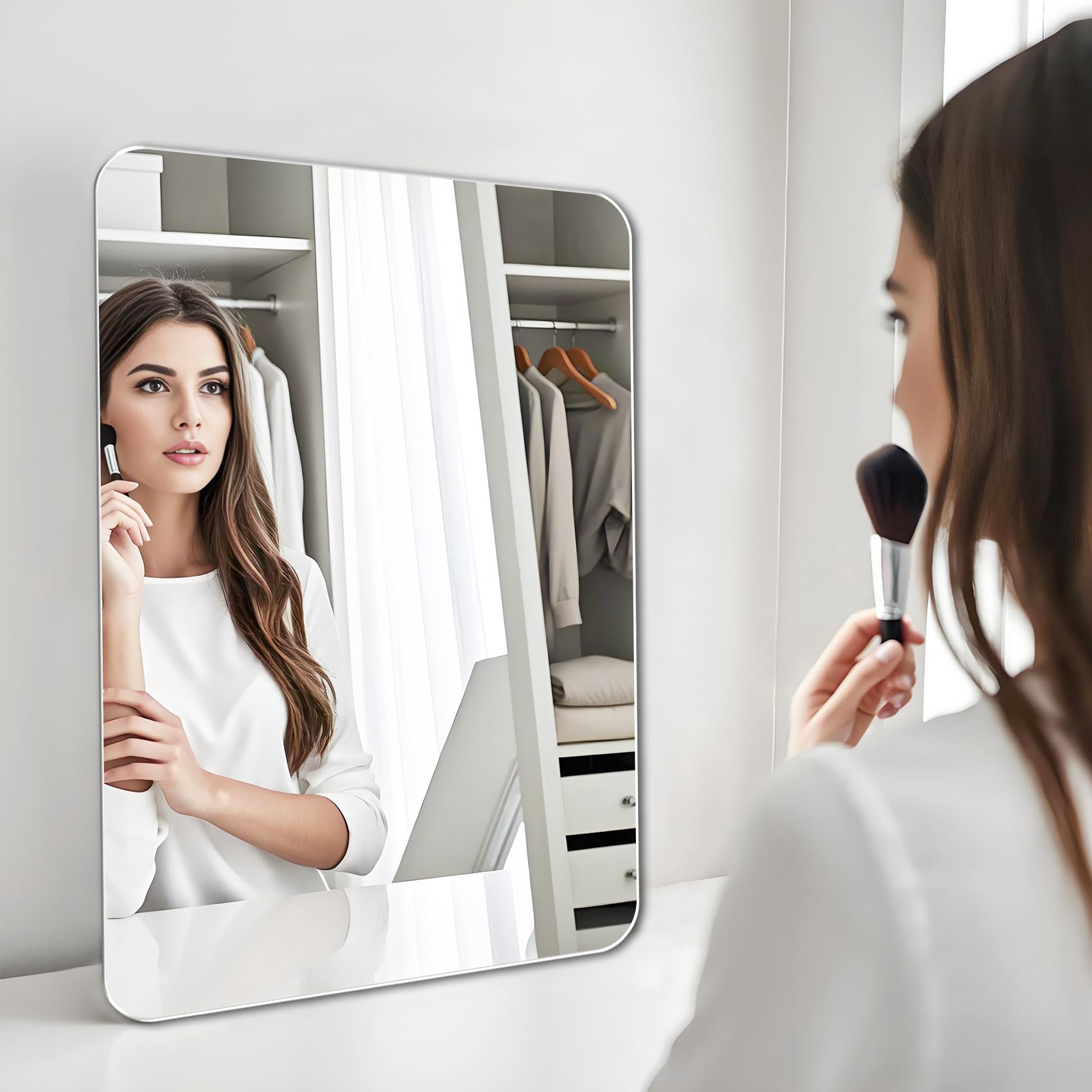 Specchio da parete rettangolare, 40 x 60 cm, senza cornice, specchio da bagno, riflesso HD, angoli arrotondati, specchio decorativo per bagno, camera da letto, soggiorno, corridoio