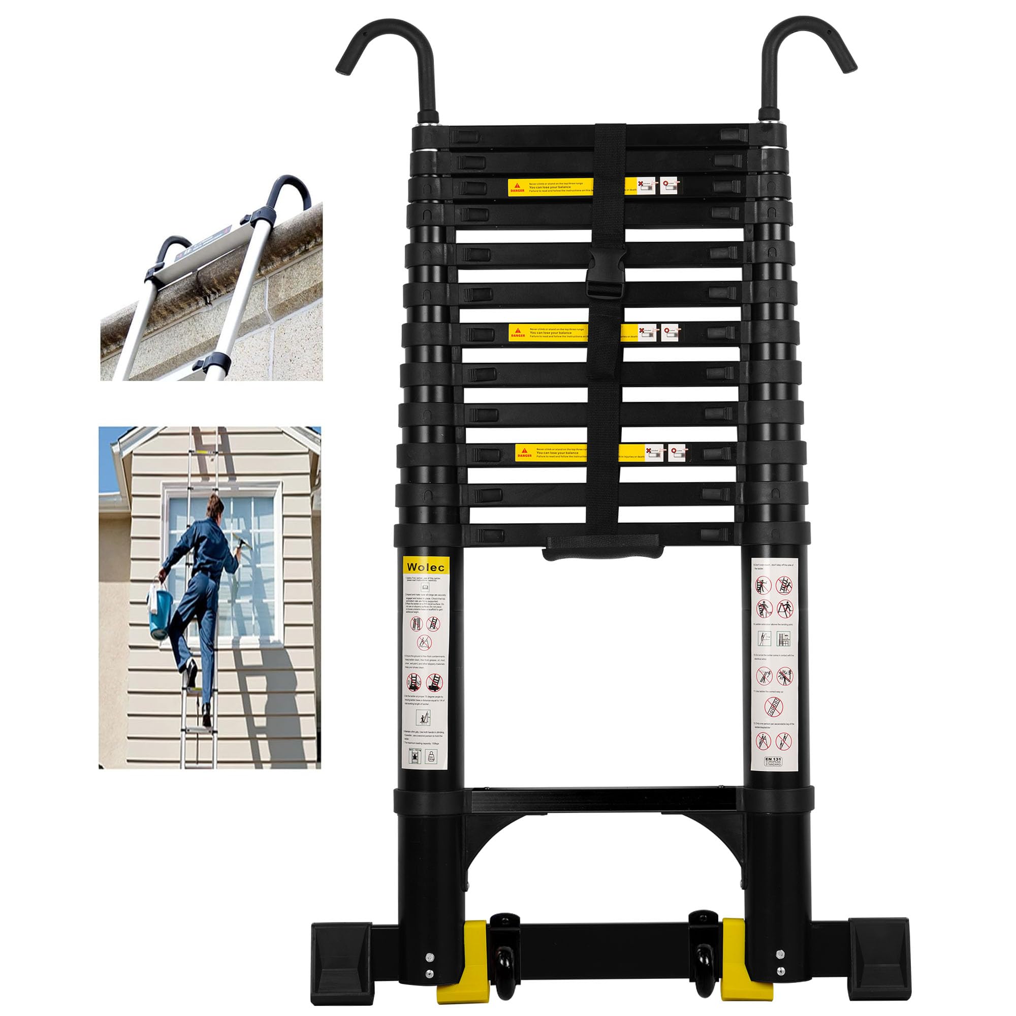 Telescoping Ladder,14.5FT Aluminum Portable Extension Ladder w/Hooks, Stabilizers& Wheels, Heavy Duty 330lbs Max Capacity, Collapsible Telescopic Ladder for Rv, Roof, Attic, Outdoor -Black