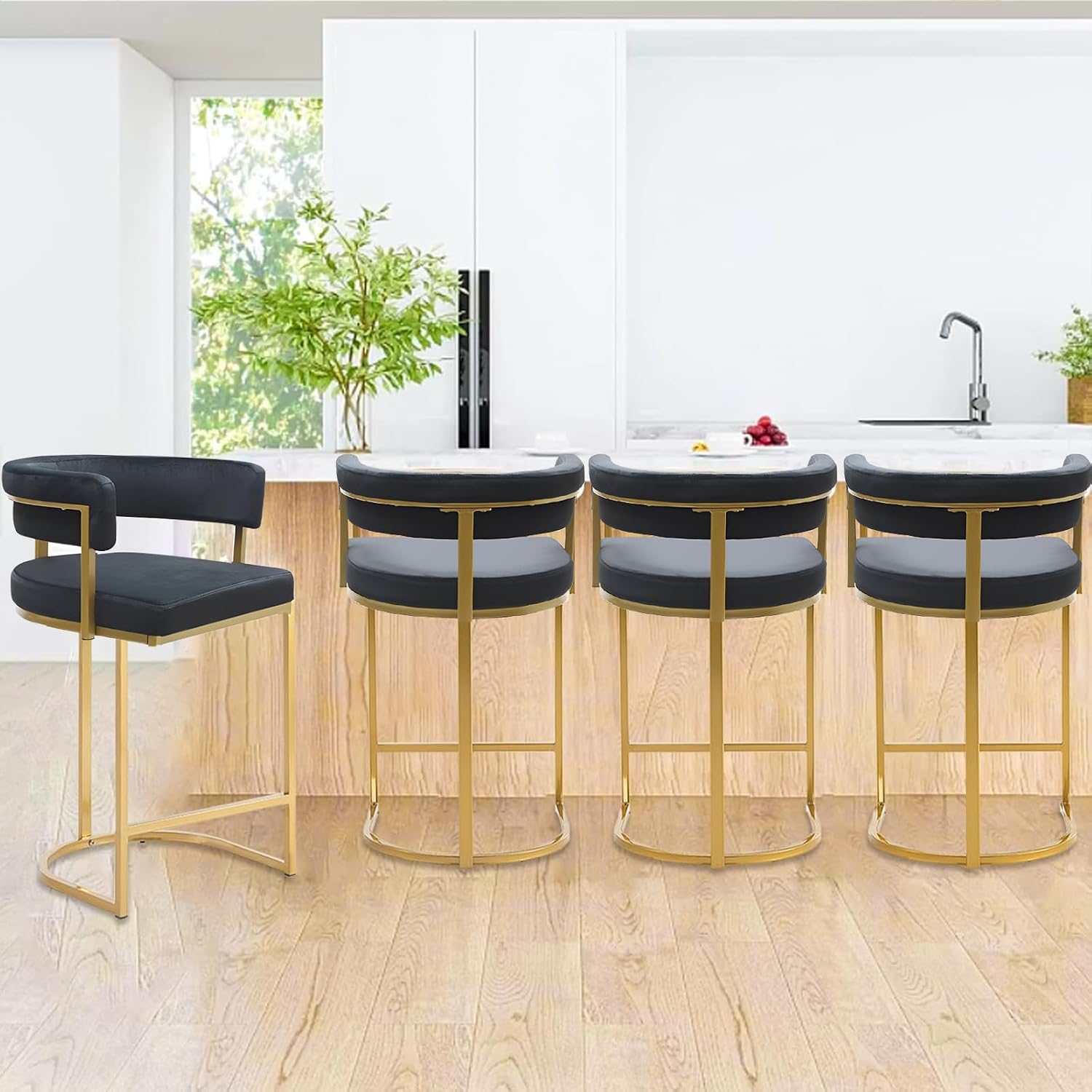 Bar Stools Set of 2 Island Chairs, 26'' Stools for Kitchen Counter with High Back, Modern Bar Height Chairs with Thick Cushion Easy Assembly for Barrel Tall Bar Stool for Kitchen Island, Comfy, Brown