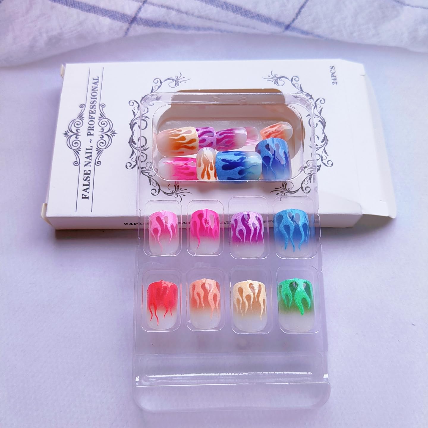 Multicolor Press on Nails Short Square Fake Nails Press ons Nail Tips False Nails Glossy Glue on Nails Reusable Acrylic Nail Kit Stick on Nail with Flame Design for Women Manicure 24Pcs