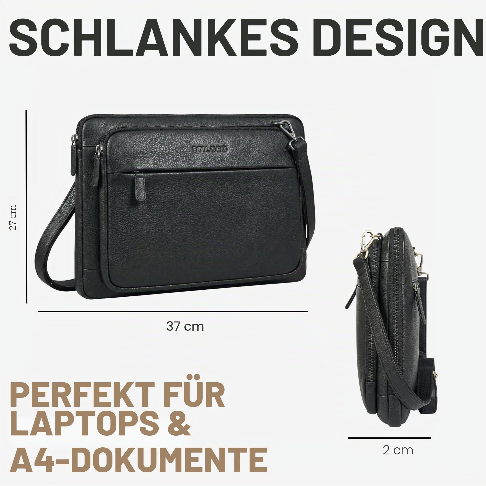 STILORD Clarity Schmale Laptophülle 15 15.6 16 Zoll Leder Herren Laptop-Tasche Gepolstert Wasserabweisend | Abnehmbarer Schultergurt Notebook Hülle Arbeit & Business Uni Echtleder Farbe:schwarz