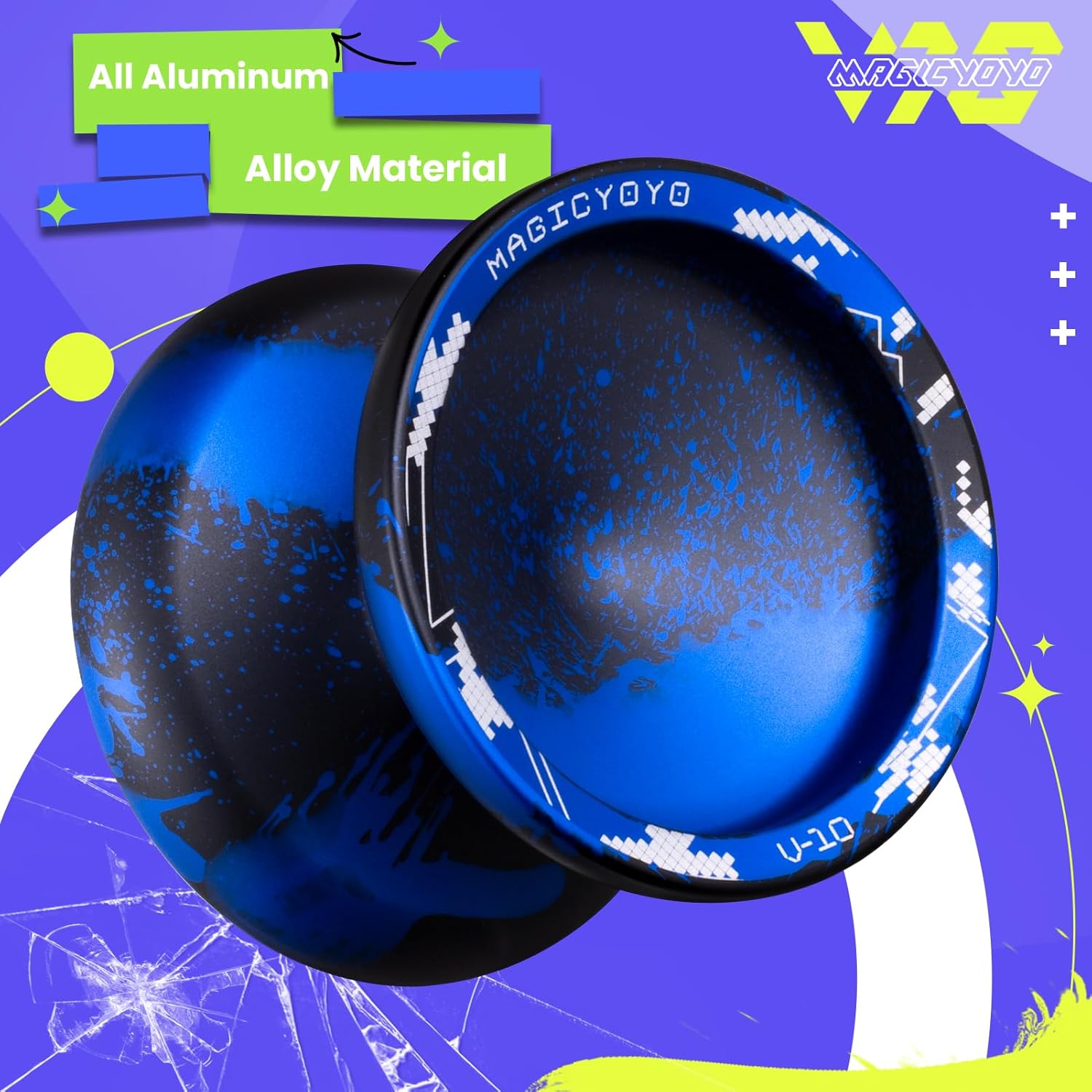 MAGICYOYO V10 Finger Spin Yoyo Professional Metal Trick Yoyo Responsive & Unresponsive Dual Purpose Yo Yo with Storage Case + Yo Yo Glove +12 Strings(Black Blue)
