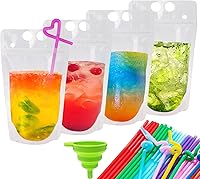 Vista 1 de Ozera 100 bolsas para bebidas, bolsas reutilizables de jugo de 16 onzas para adultos, bolsas de plástico resistentes para batidos con 100 popotes