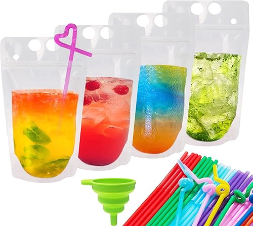 Ozera 100 bolsas para bebidas, bolsas reutilizables de jugo de 16 onzas para adultos, bolsas de plástico resistentes para batidos con 100 popotes