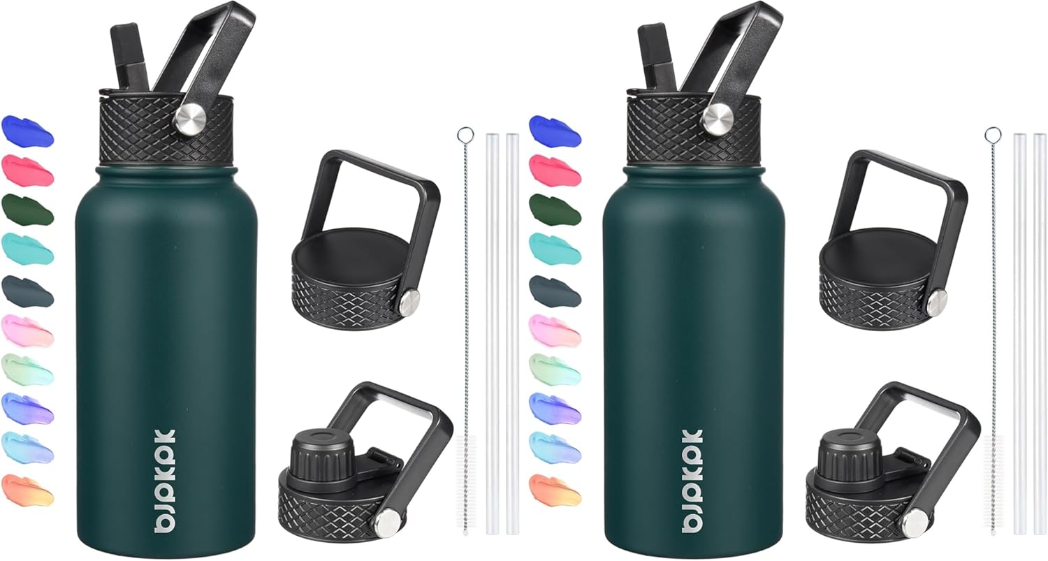 BJPKPK Insulated Water Bottles with Straw Lid, 27oz Stainless Steel Water Bottle with 3 Lids, Leak Proof BPA Free Metal Thermos Mug, Sports Water Bottle Keep Cold & Hot- Army Green (Pack of 2)