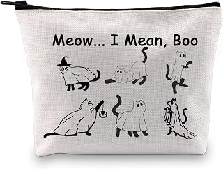 VAMSII Ghost Cat Makeup Cosmetic Bag Cat lovers Toiletry Bag Meow I Mean Boo Halloween Spooky Season Gifts, Ghost Cat Zipper Bag, Funny