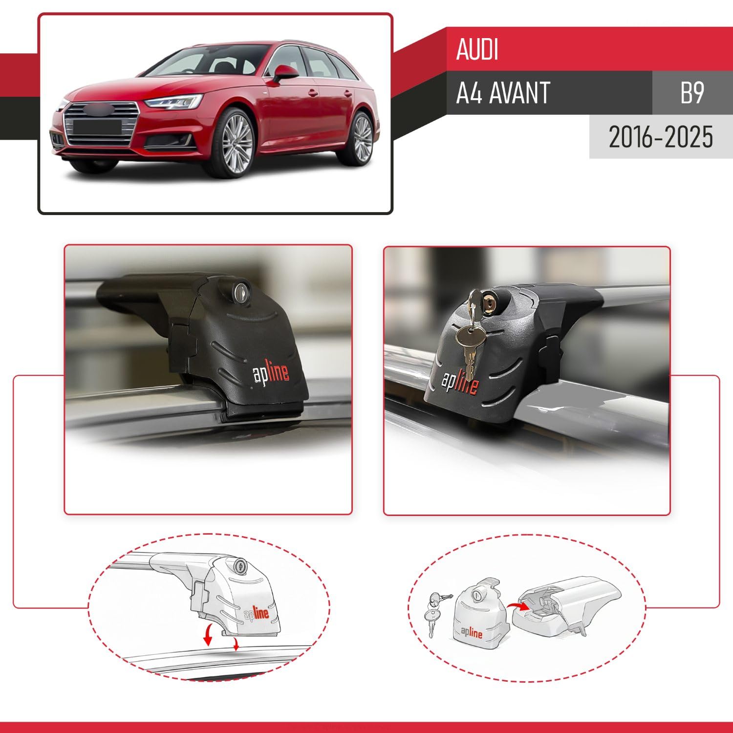Compatible con Audi A4 (B9) Avant 2016-2025 Modelo Ace-2 Barra de Techo Auto Portaequipajes Barras Transversales Gris Aluminio 2 Barras