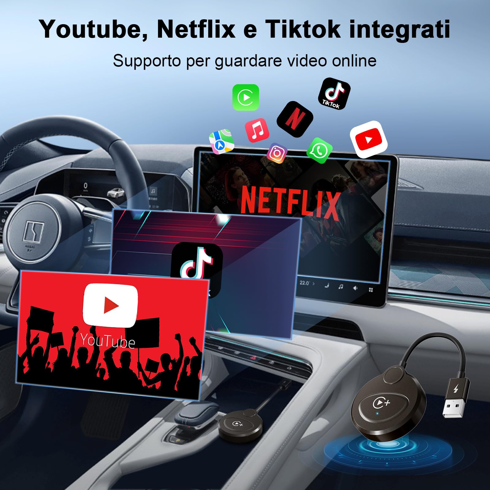 Adattatore CarPlay Wireless con YouTube, Netflix e Tiktok per iPhone, Dongle per CarPlay Cablato in Fabbrica a Wireless, Connessione Automatica per Auto Successive al 2016