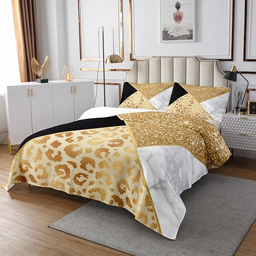 Miniatura 2 de Manfei Colcha de mármol tamaño Queen, purpurina dorada y estampado de leopardo, colcha acolchada con 2 fundas de almohada, juego de colcha de mármol