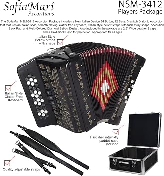 NSM3412 Accordion Package: 34 Button, 12 Bass, 3 Switch Accordion with Case and Straps (Sol/GCF, Gloss Black)