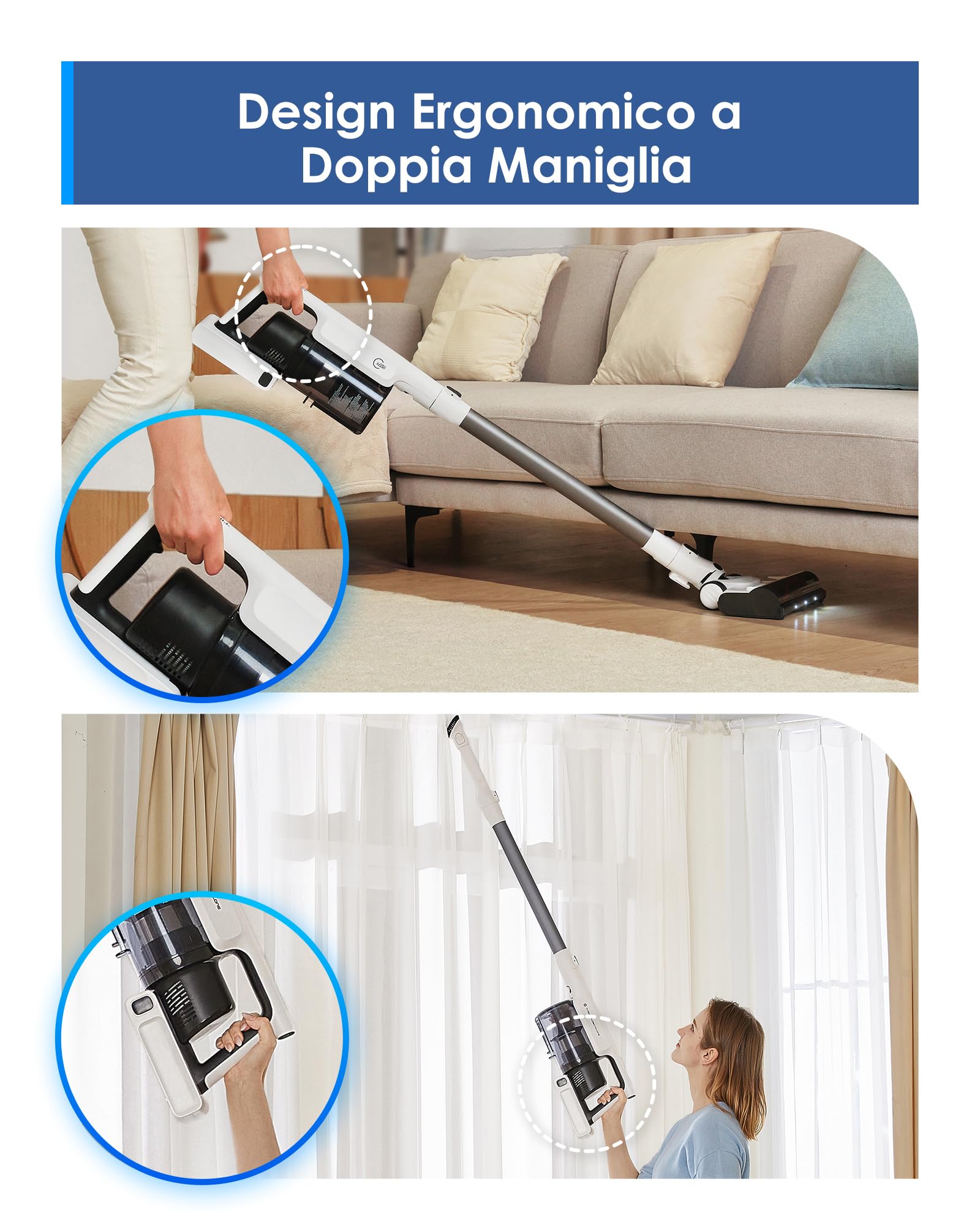 Tineco A30S, Aspirapolvere senza fili, Aspirazione da 160W, Autonomia di 60 minuti, Serbatoio Polvere da 1L, Spazzola ZeroTangle, Tecnologia PureCyclone, Luce LED